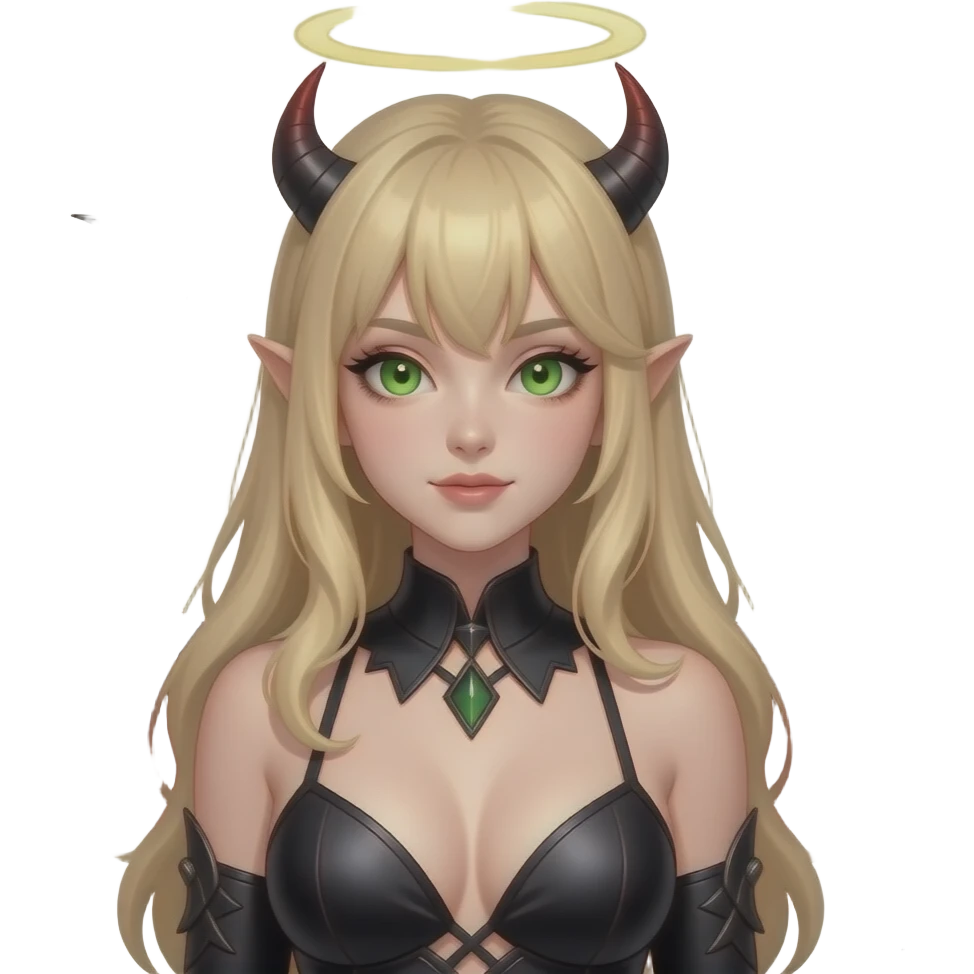 Make an emoji of a pretty, busty, green eyes, blond hair (no bangs) white girl with an angel halo, but devilish and dark everywhere else with dragon wings emoji