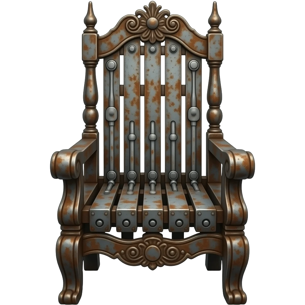 an elegant electric chair frontally composed of many rusty metal parts of old Victorian guillotines emoji