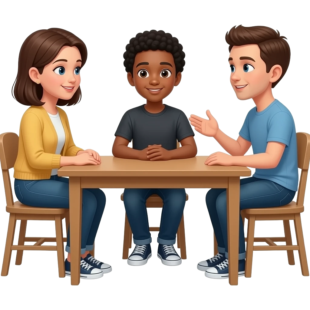 Conversation between two adults and a teenager sitting at the table at home, looking at each other in a conversational manner. emoji