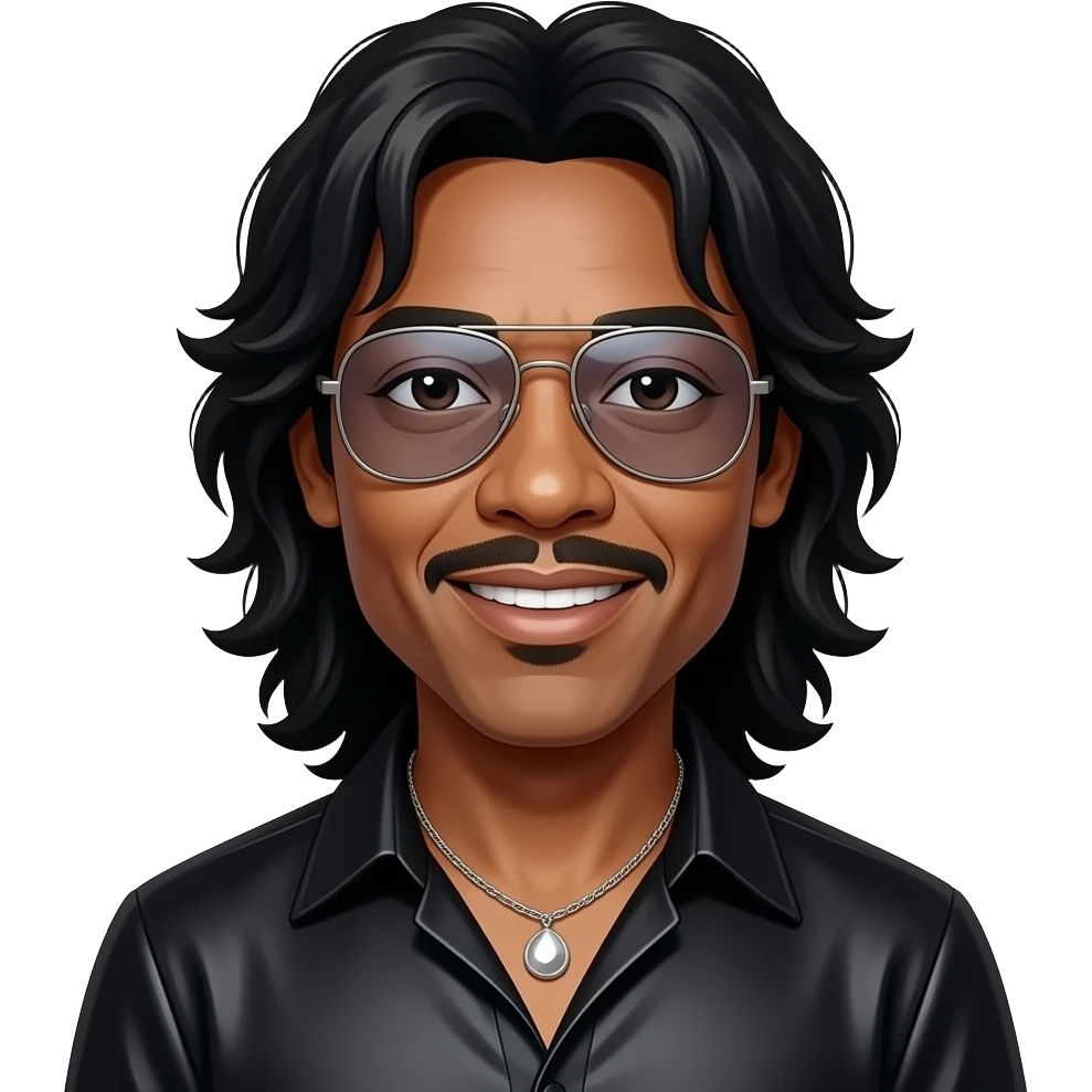 Stevie Wonder with aviator glasses, long black hair, black metallic shirt, necklace emoji