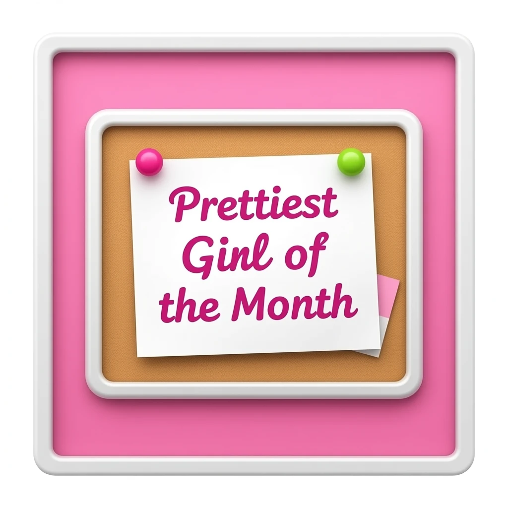 A cute pink wall with a bulletin board style announcement that says “Prettiest Girl of the Month”, pinned on the wall inspired by barbie colour palette emoji