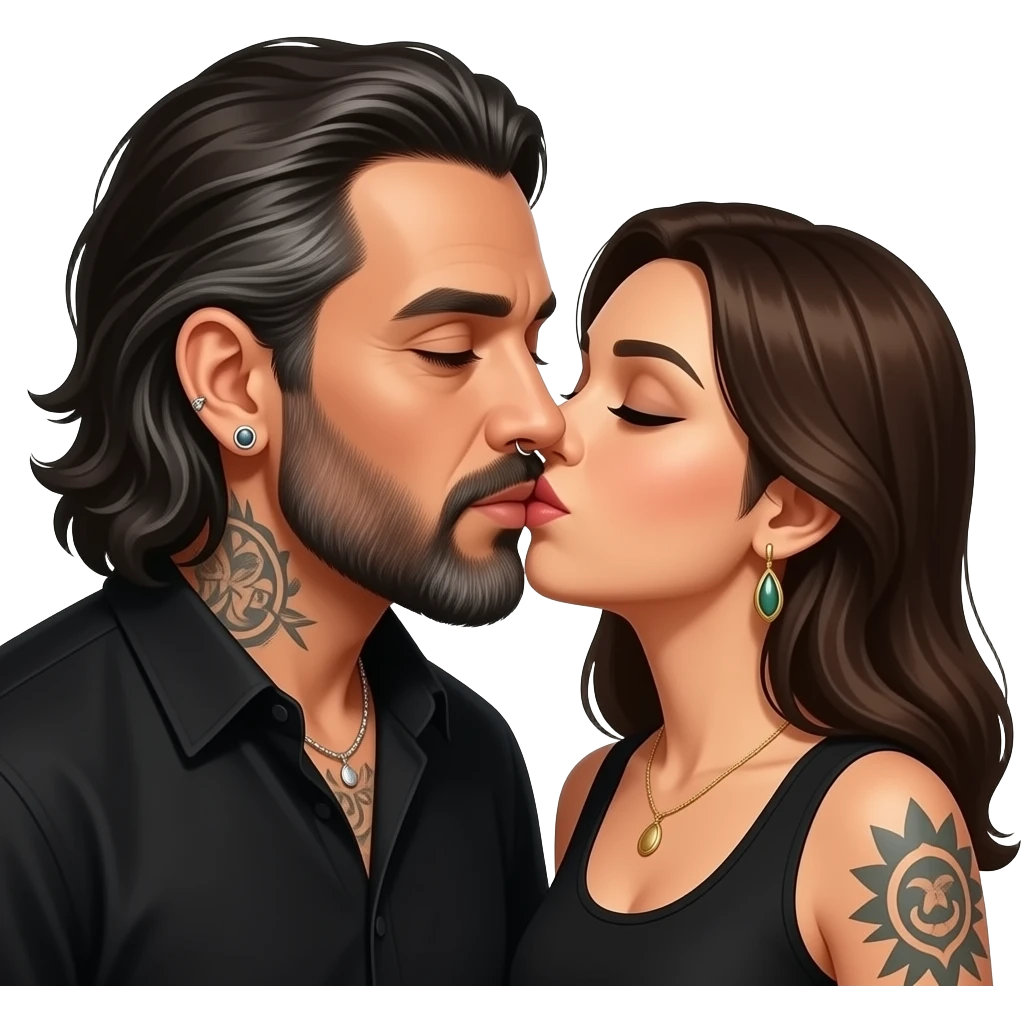 The handsome manly Latino podcast host with medium length hair, a long slightly graying beard and tattoos with his ears pierced 1 time each ear and a nose ring on the right side, dark brown eyes, wearing black, and jewelry, kissing a woman emoji