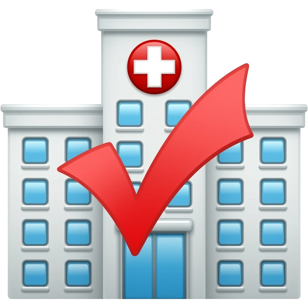 Emoji del edificio de un hospital de fondo y un tick encima (sobrepuesto) emoji
