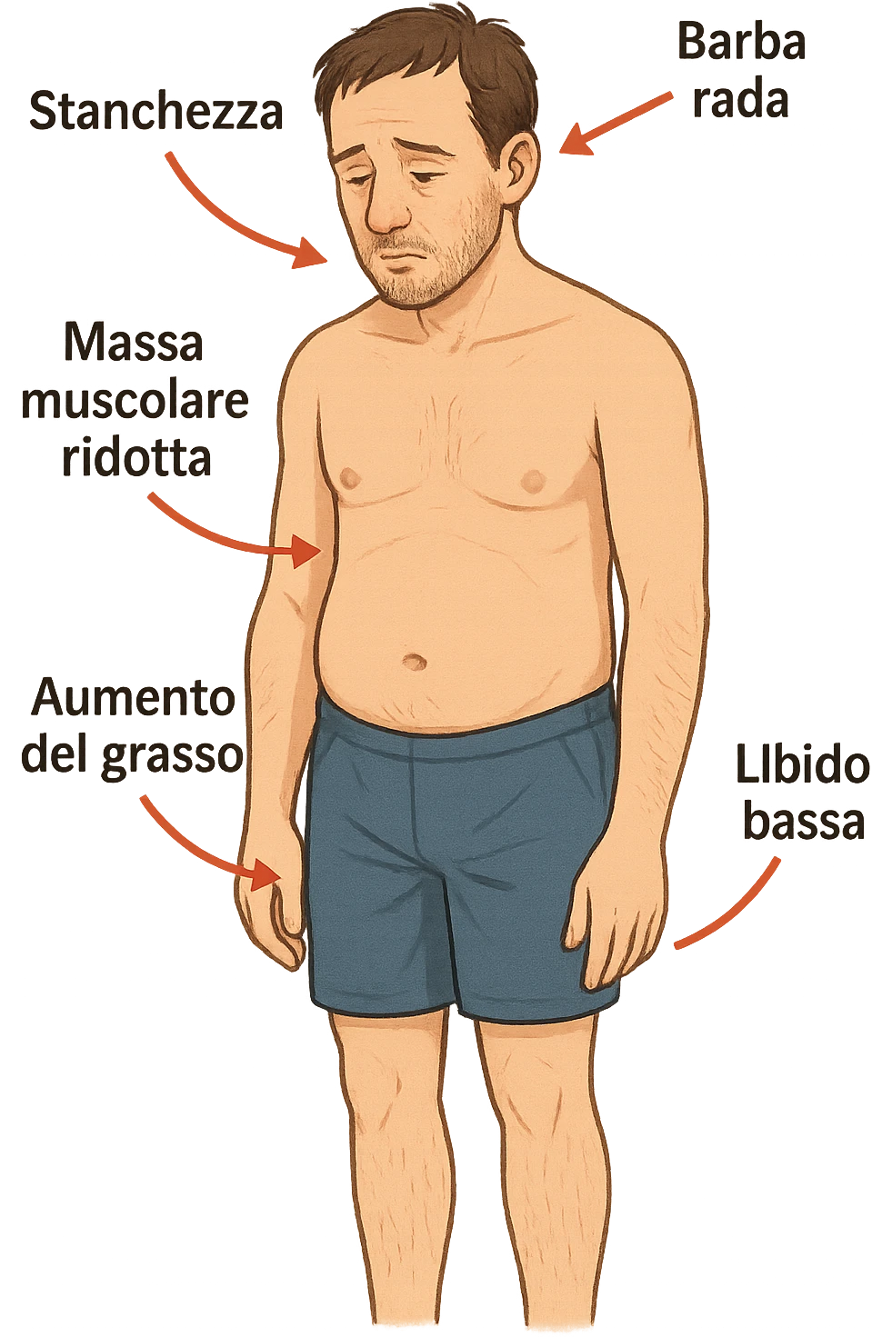 un uomo adulto in piedi, con postura stanca e muscolatura ridotta. Attorno al corpo, frecce rosse puntano verso zone chiave come viso (barba rada), torace (massa muscolare ridotta), addome (aumento del grasso), e area pelvica (libido bassa). Accanto a ogni freccia, etichette in italiano: “Stanchezza”, “Massa muscolare ridotta”, “Aumento del grasso”, “Libido bassa”, “Barba rada”. Sfondo bianco, stile educativo e chiaro. emoji