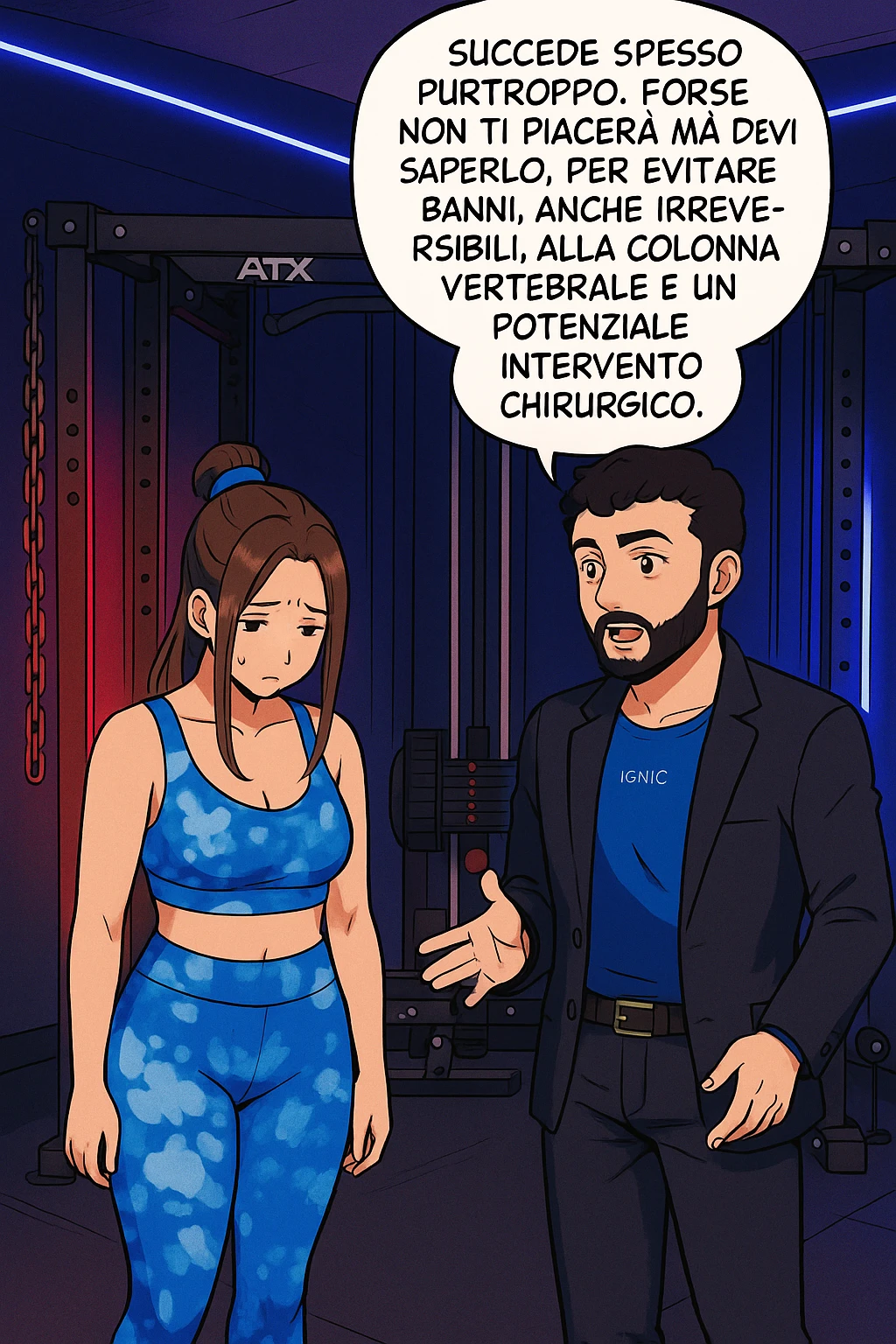 fai questa immagine in versione manga/webtoon a colori, il manga mostra l'uomo che risponde alla donne:
Succede spesso purtroppo. 
Forse non ti piacerà ma devi saperlo, per evitare danni, anche irreversibili, alla colonna vertebrale e un potenziale intervento chirurgico. emoji