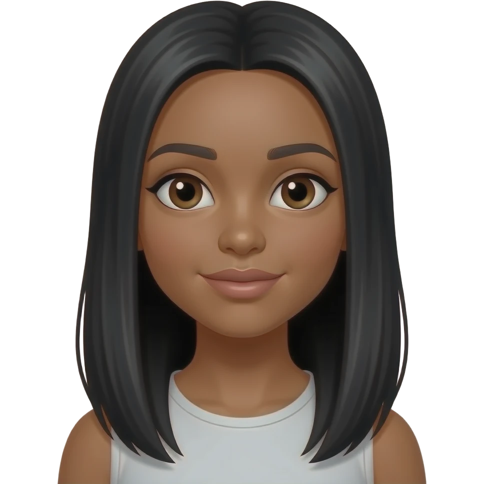 Ios 18 style emoji for girl with long black straight hair, medium brown skin, big almond eyes, full lips. Less childish looking and a bit more like from far, like till waist. Less brown and lomger black hair , small nose and full lips in color emoji