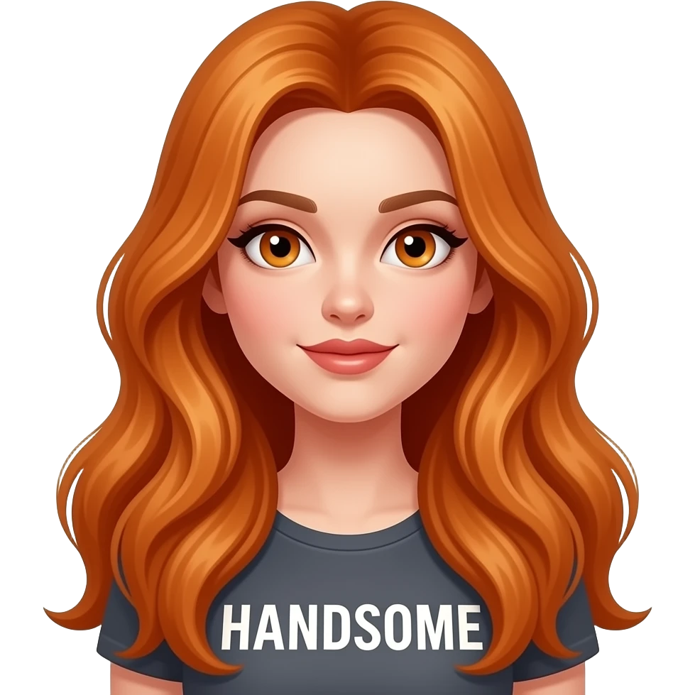 sexy girl with overlong ginger hair and ginger eyes a top with HANDSOME written on it emoji