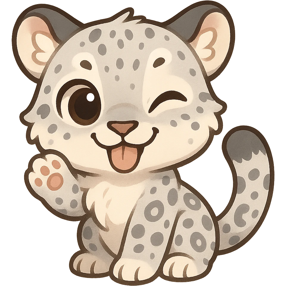 snow leopard emoji, cute cartoon style, big eyes, playful expression emoji
