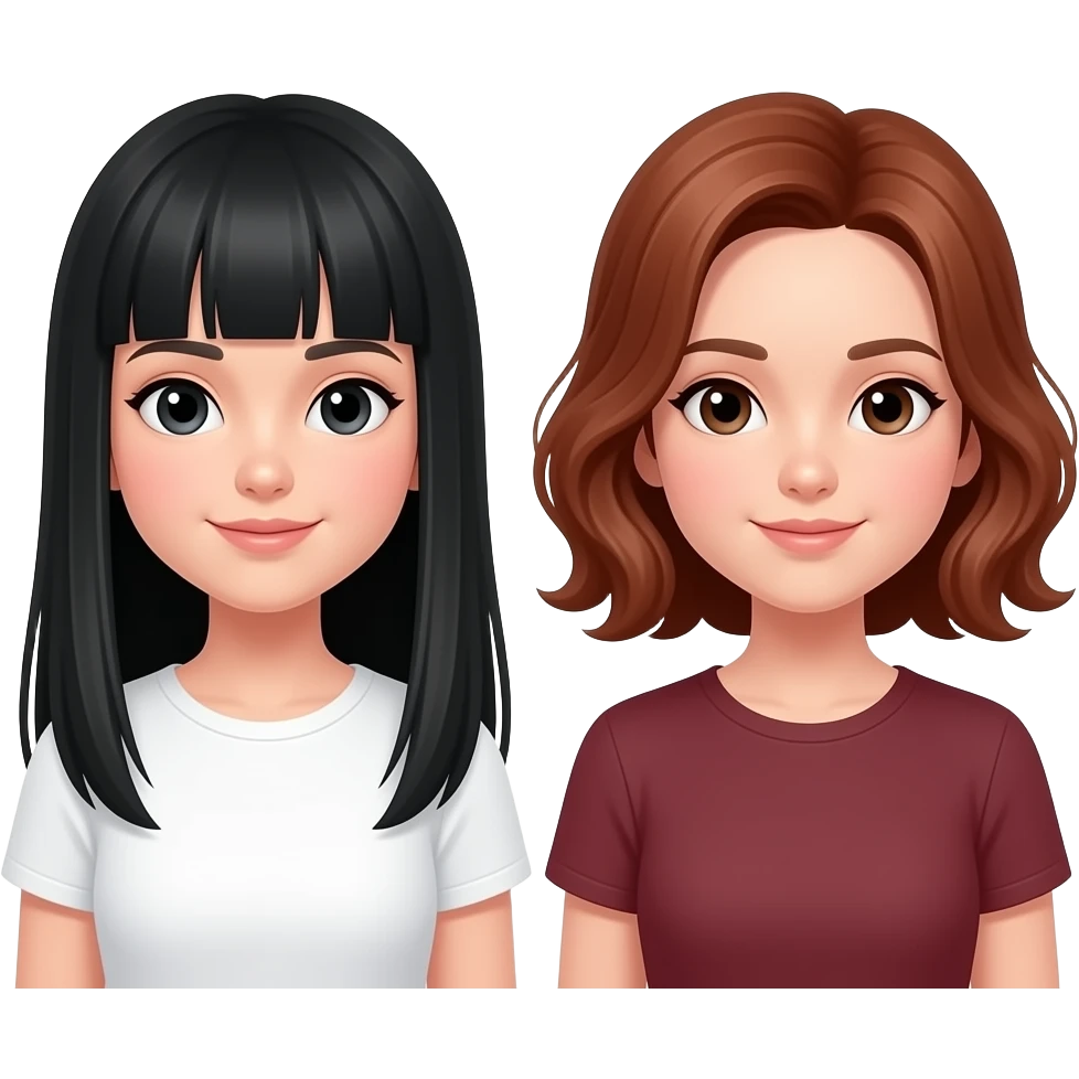 Una de las chicas en blanca, con el pelo negro lacio largo y con flequillo recto, la otra chica es un poquito morena, con ondas cortas y el pelo muy muy rojo abajo de los hombros emoji