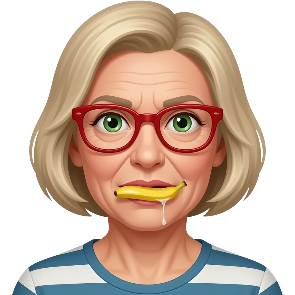 Lizanie banana przez starszą  kobietę i szczuplejszej  twarzy  językiem włosy blond zielone oczy i okulary w kolorze czerwonym, kapiąca ślina emoji