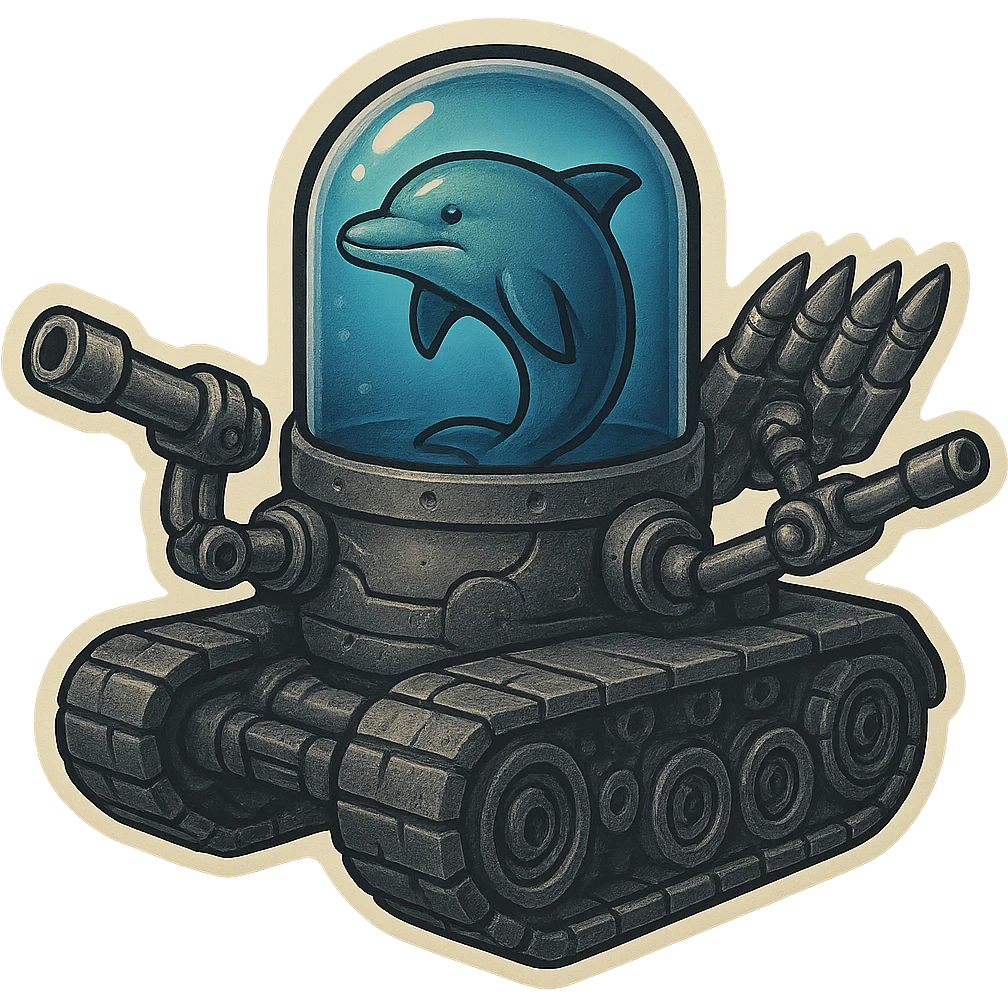 Menacing dolphin in a water tank mounted on tank treads, gritty metallic look, blue water in tank, robotic arms with large forward-facing guns, rack of missiles, retro sticker style, no border. emoji