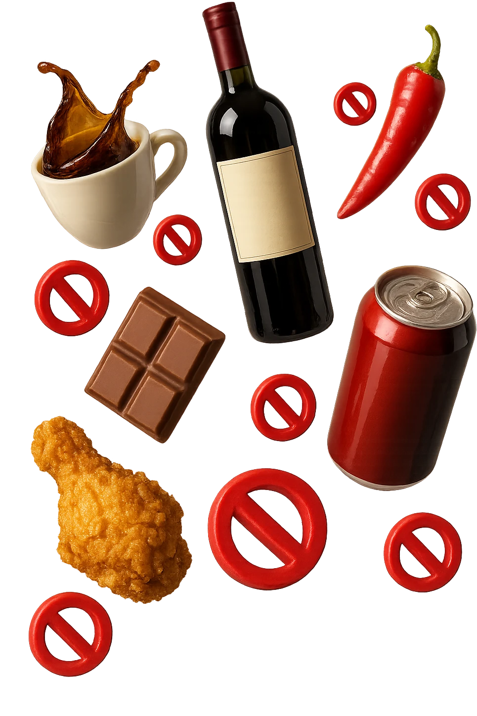 caffeina, alcolici, cibi piccanti, fritti, cioccolato e bevande gassate cadono dall'alto con piccoli divieti in 3d, iperrealistico 4k emoji