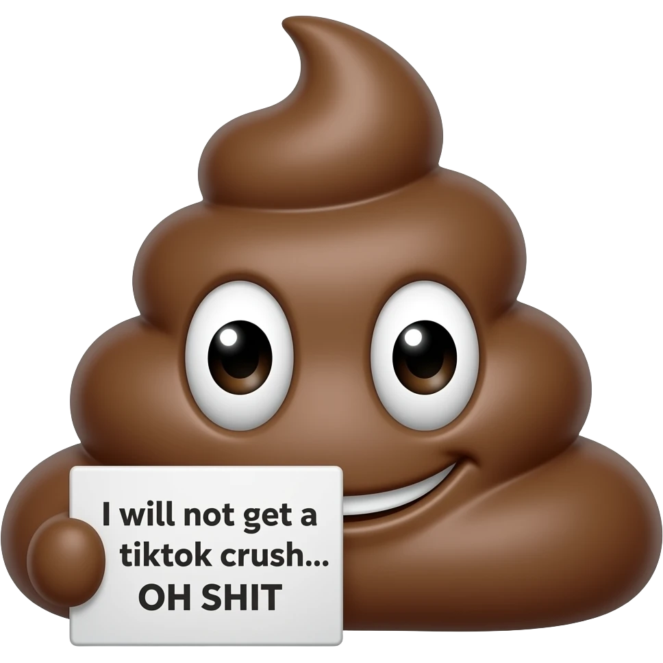 shit emoji with one eye only holding a sign that says the following "I will not get a tiktok crush... OH SHIT" emoji