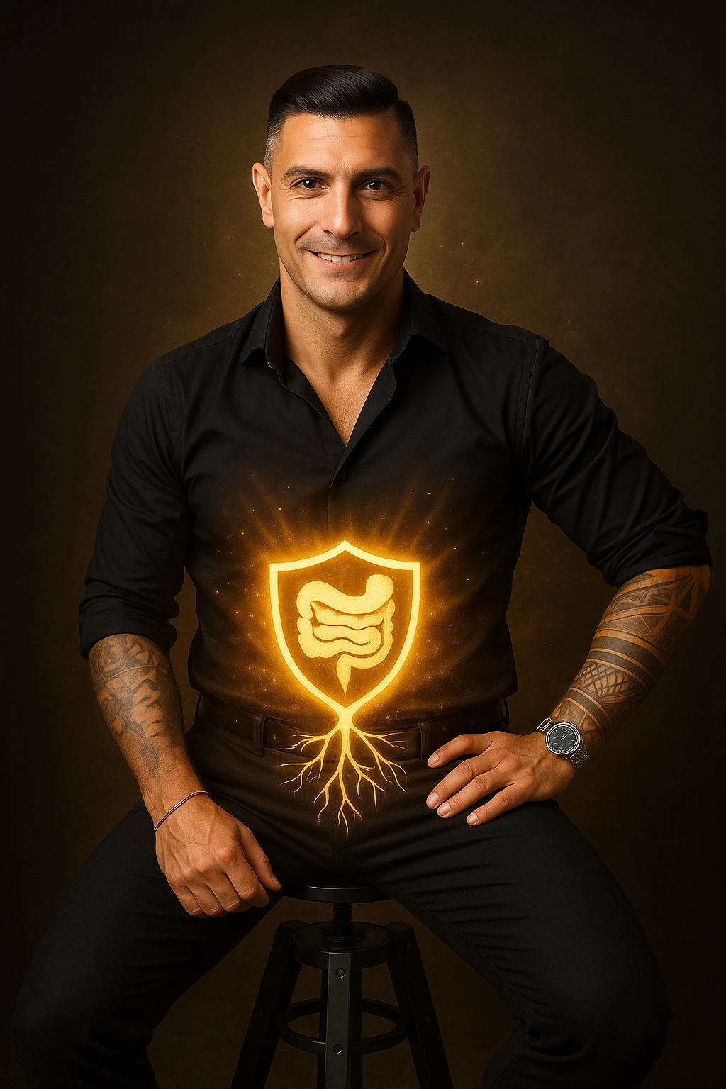 Vertical format: a man with an aura of positive energy around the abdomen, featuring symbols of intestinal balance such as a shield or strong roots, conveying an atmosphere of strength and stability. emoji