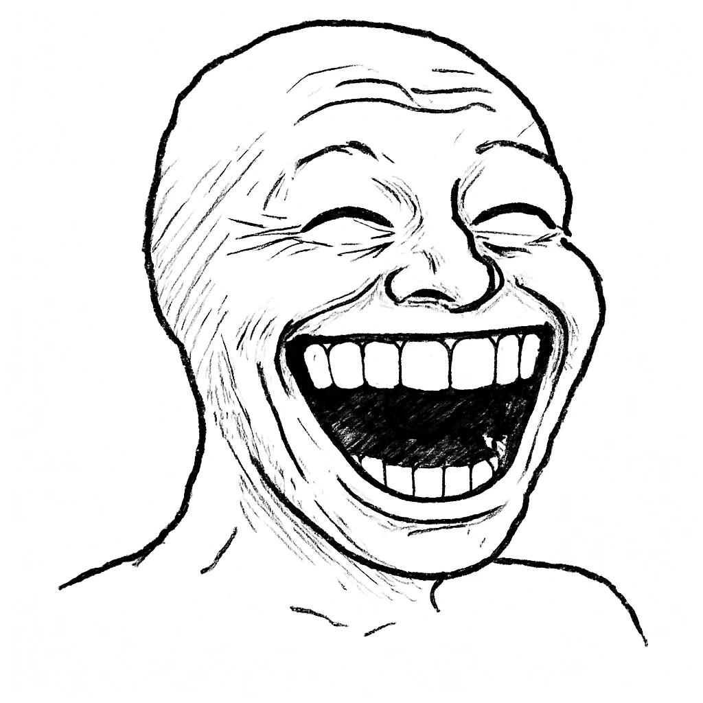 嘴巴大笑：
"角色笑得非常夸张，嘴巴裂得大大的，露出大牙齿，眼睛微微眯起，脸颊因为笑而鼓起，脸上洋溢着极度欢乐的表情” emoji
