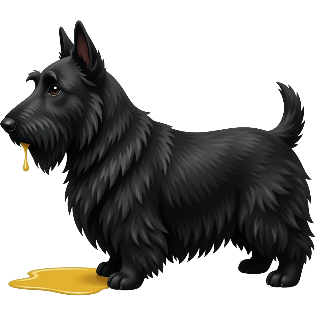 Black Scottie dog in profile with small puddle of  yellow urine on the floor under his back legs, white background emoji