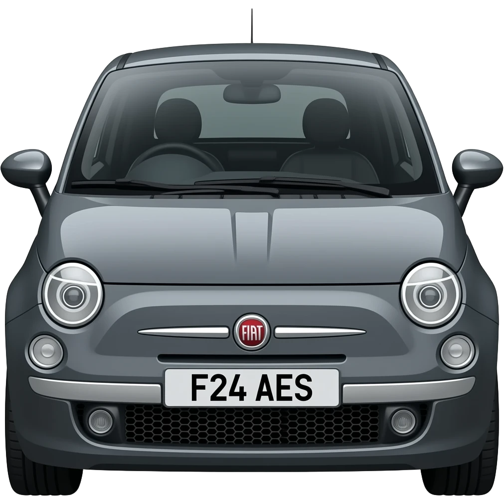 Shiny dark grey fiat 500 with licence plate F24 AES emoji