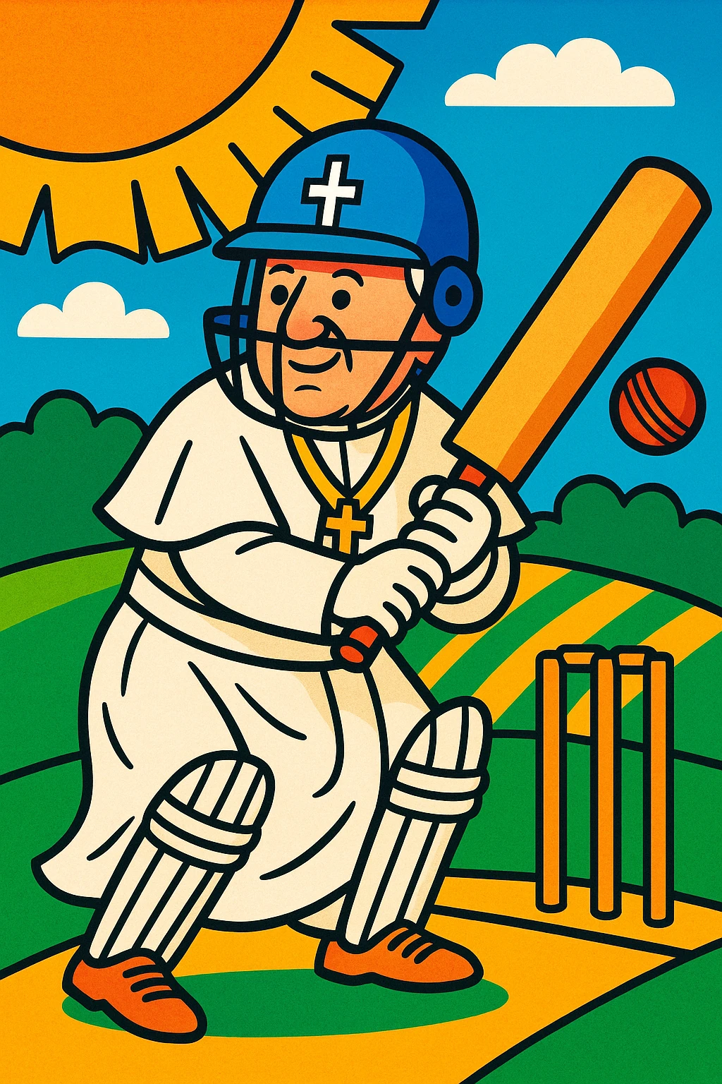 the pope as a cricket batsman, vibrant cartoon style emoji