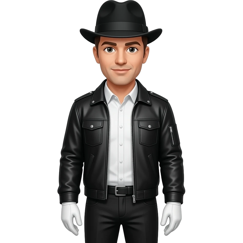 Un hombre con sombrero negro y con camisa blanca y chaqueta negra y con un guante blancos y pantalón negro emoji