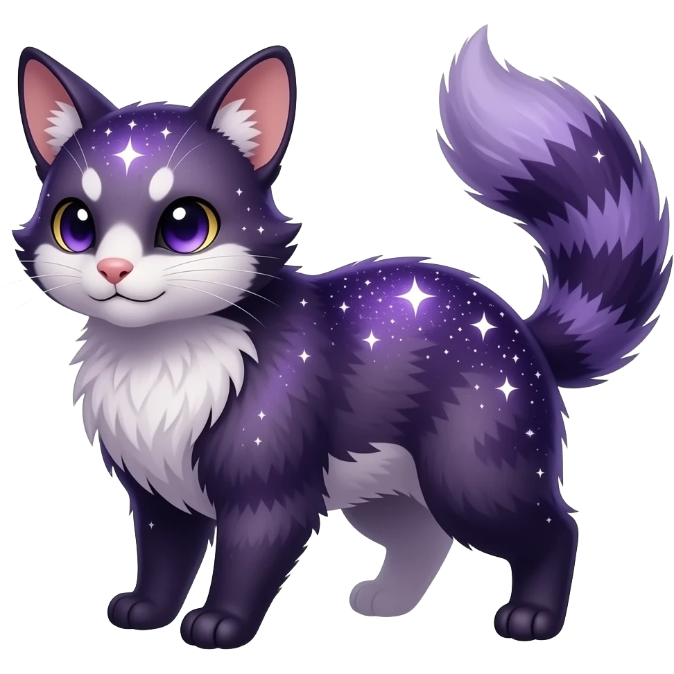 Hyper realistic midnight-violet velvet fur soaked in starlight glitter and shadow gradients beautiful elegant pretty precious cute Fakémon-Pokémon-opossum-feline-serval-caracal-chinchilla-Furret emoji