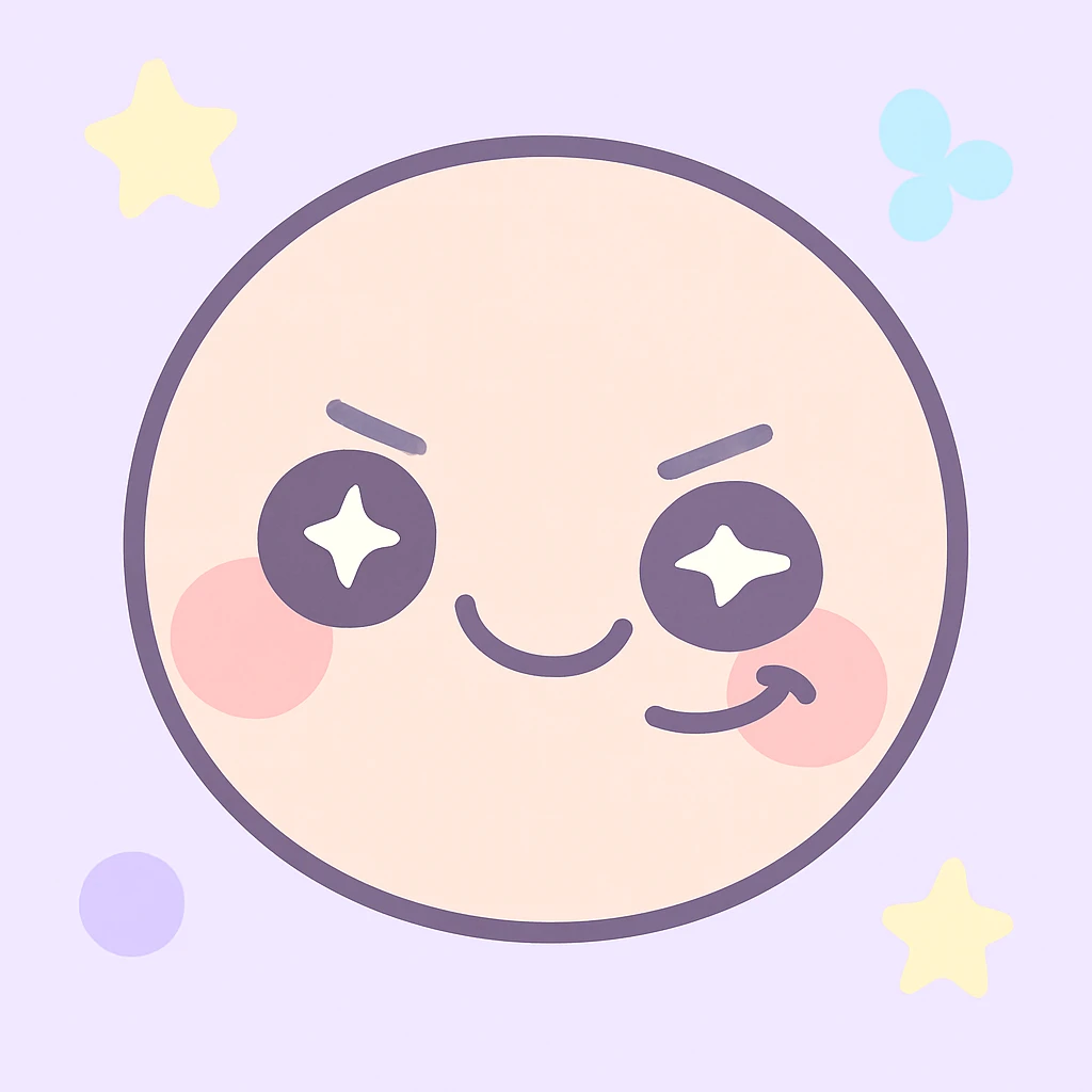 sweet and cute face with an evil smile, big round eyes, rosy cheeks, slightly upturned mouth corner showing slyness, overall feeling cute yet a bit mischievous emoji