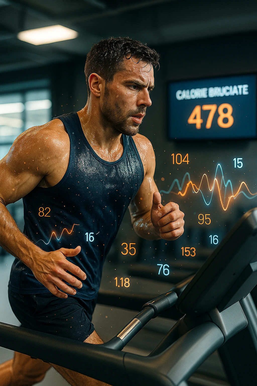 Uomo atletico su tapis roulant in palestra, visibilmente sudato, in piena corsa. Sullo sfondo uno schermo digitale che mostra 'Calorie bruciate: 478'. Intorno al corpo dell’uomo si vedono numeri fluttuanti e grafici energetici, come se si stessero misurando in tempo reale le calorie consumate. Atmosfera dinamica, luce intensa da palestra, sensazione di movimento e impegno. IN ITALIANO emoji