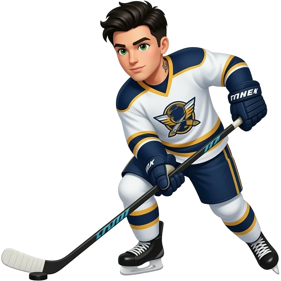 jeune homme tatoué cheveux noirs yeux verts qui joue au hockey avec jersey de hockey emoji
