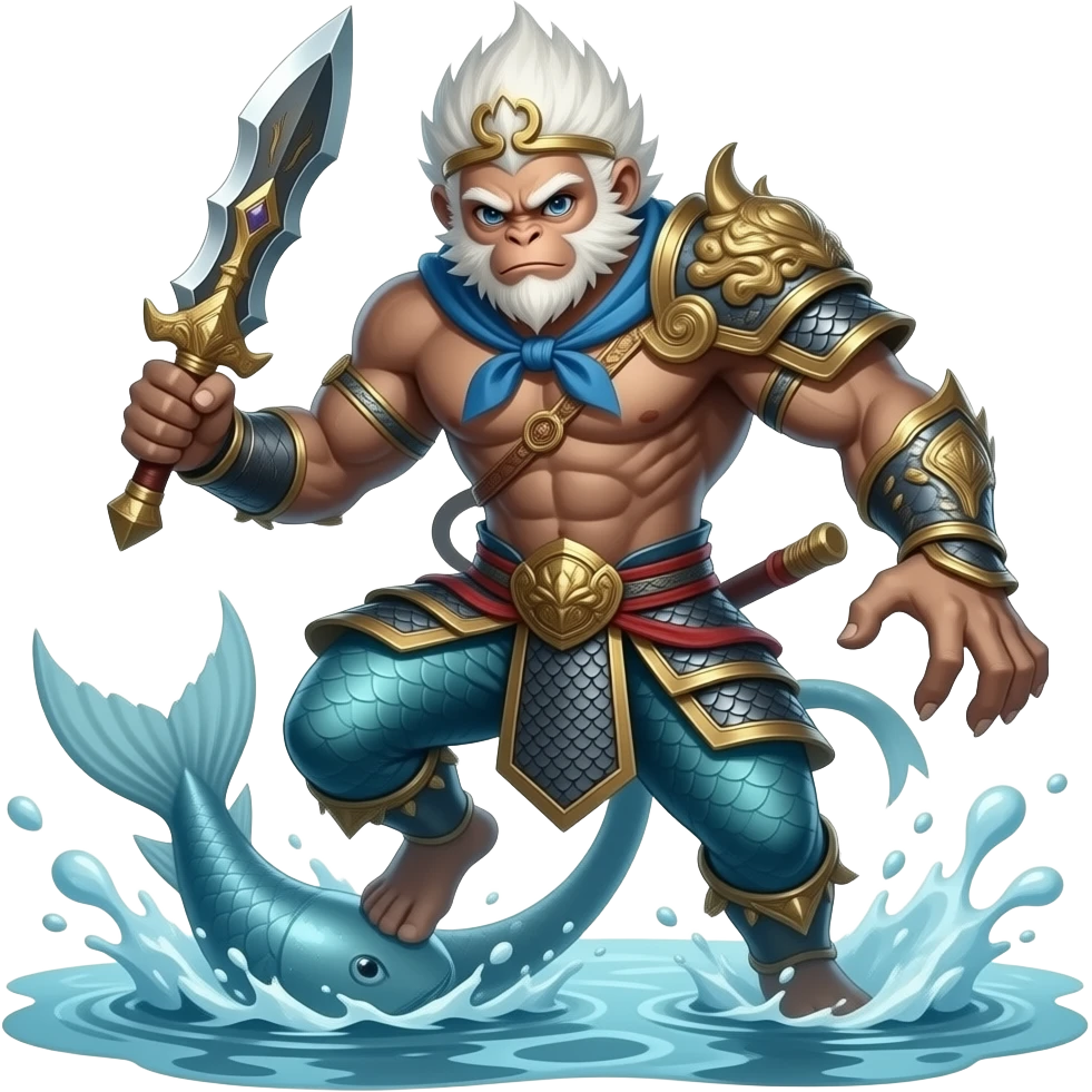 Matchanu, half monkey half fish (hybrid creature), white fur like Hanuman with a fish tail, swimming in deep sea, holding a weapon, powerful dynamic pose, marine atmosphere. emoji