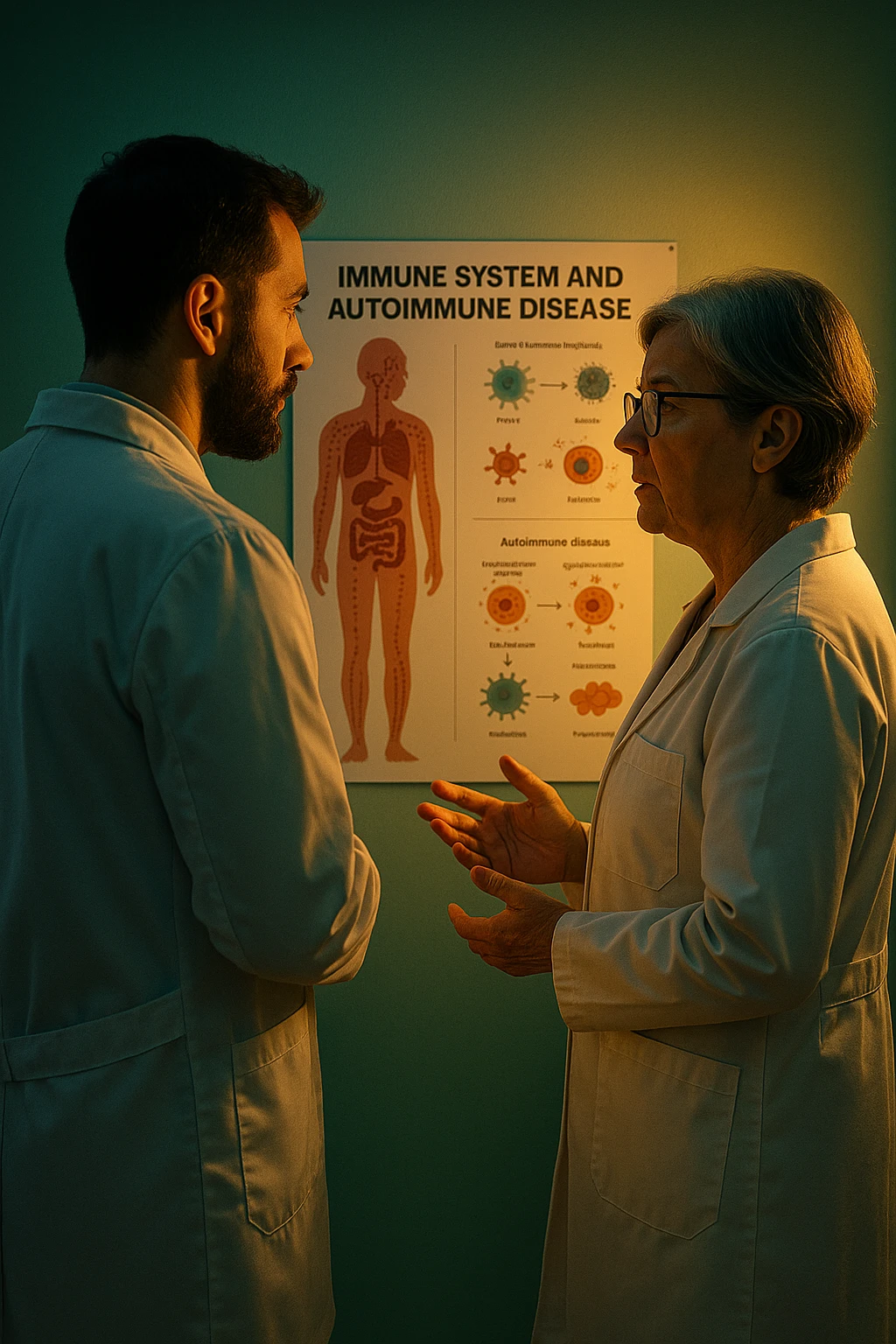 Realistic, detailed photo taken from behind of two doctors—a bearded man and a middle-aged woman—standing and facing each other as they discuss an autoimmune disease diagnosis in front of a medical chart that displays information about the immune system and autoimmune conditions. The scene is illuminated by a yellowish, orange, warm light that softly envelops the doctors. The entire room is bathed in a single green-blue color, creating a cohesive and modern atmosphere. Both doctors wear white coats, and their body language suggests a serious, professional conversation about the complexities of autoimmune diseases. Shot with a Canon EOS R5, with high detail and natural depth of field. emoji