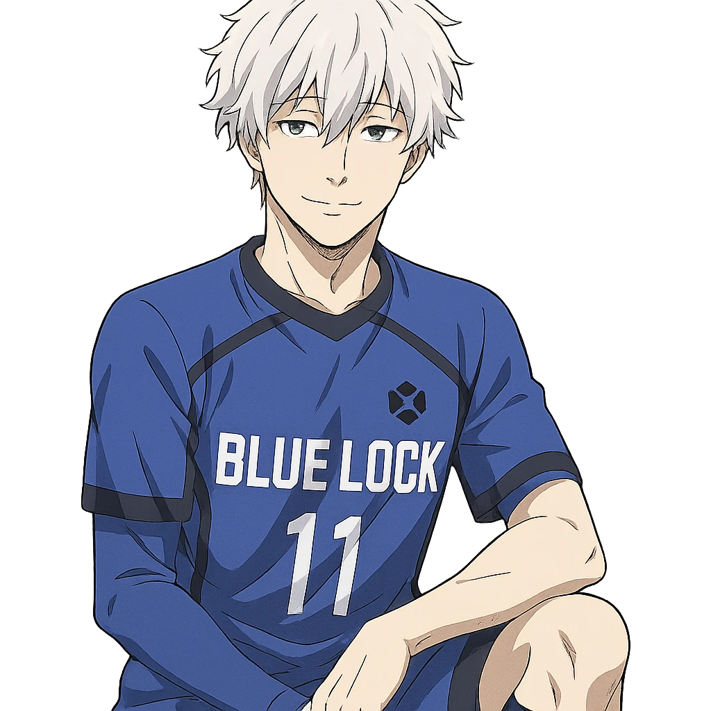 Nagi Seishiro from Blue Lock, anime style, relaxed pose, white hair, blue soccer jersey, gentle smile emoji