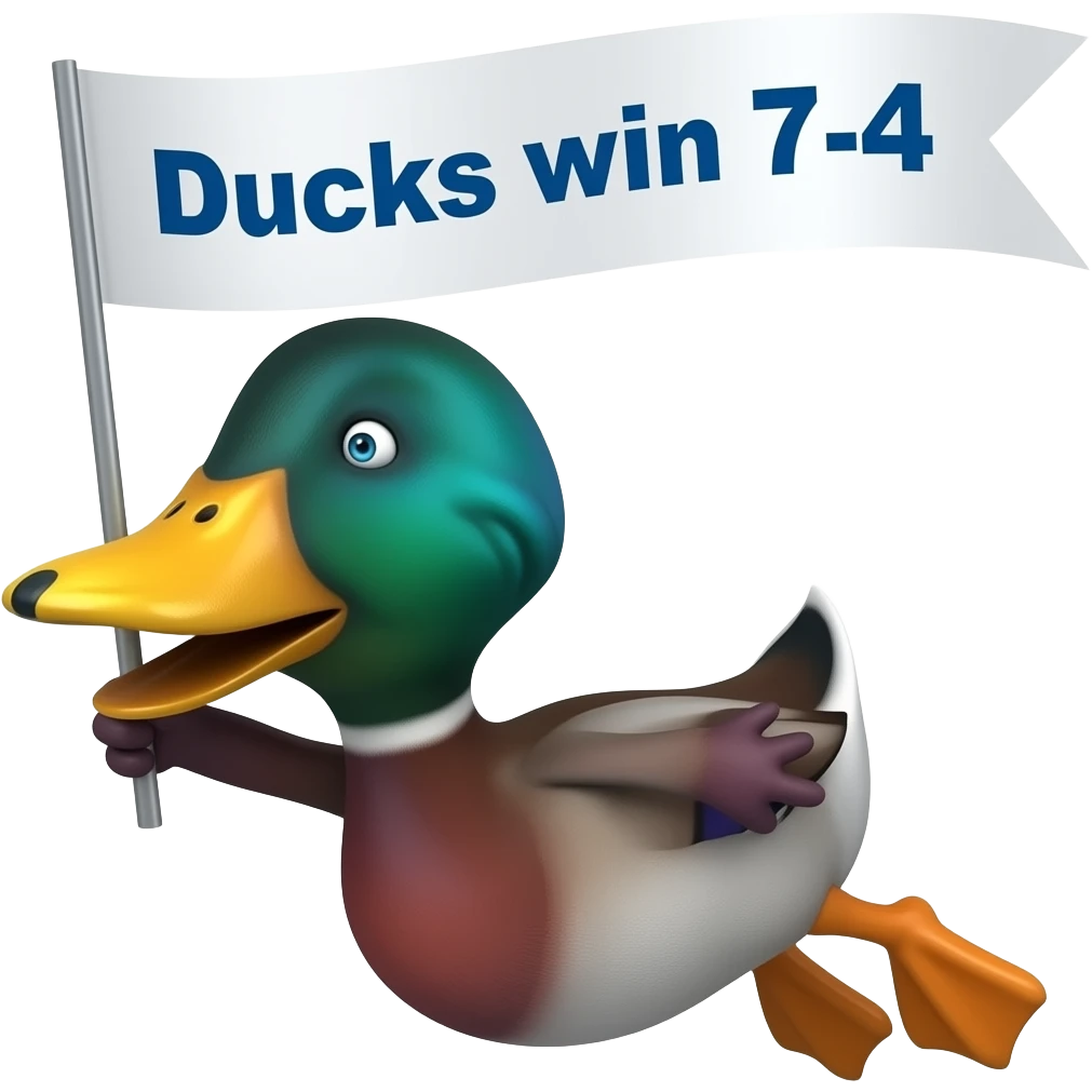 Flying duck with Ducks win 7-4 banner emoji