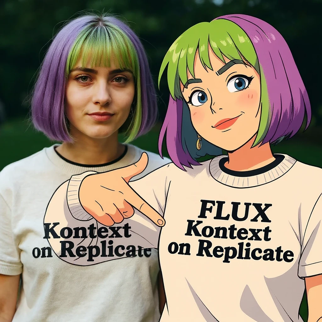 make a image of a girl with a anime version of that girl beside her wearing tshirt with text of "FLUX Kontext" emoji