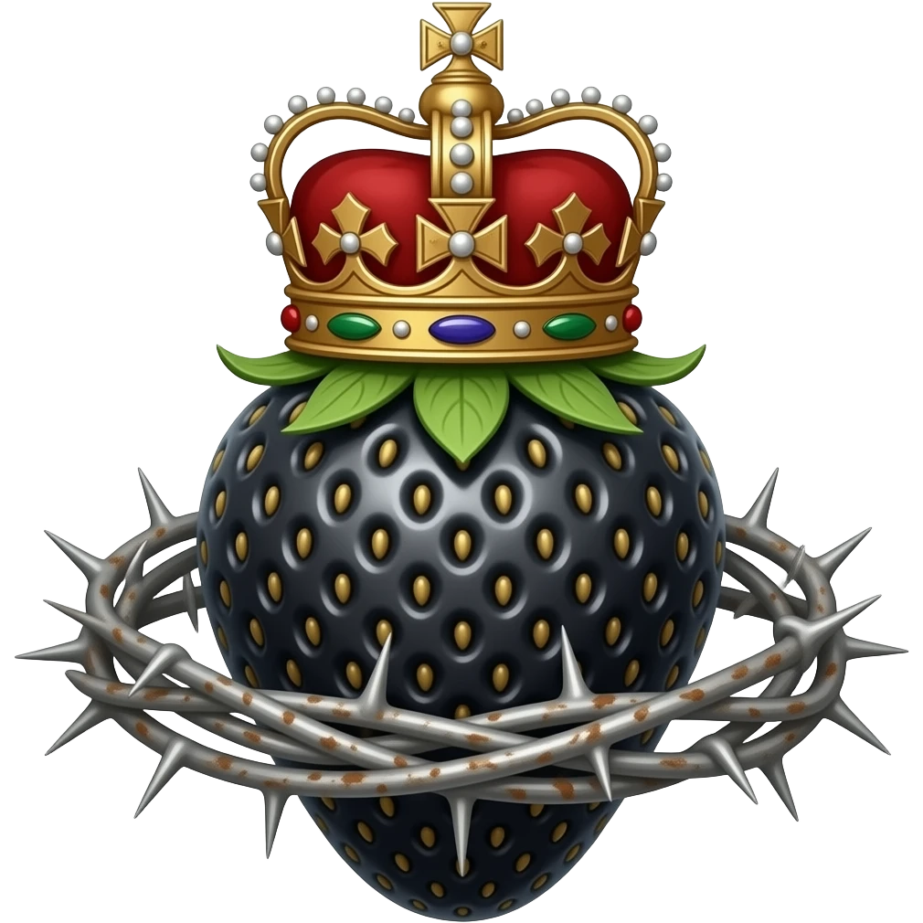 a black strawberry with a rusty, richly decorated English royal crown on top that is flaming. An oversized crown of thorns is wrapped around the strawberry's body and is spinning around its body emoji