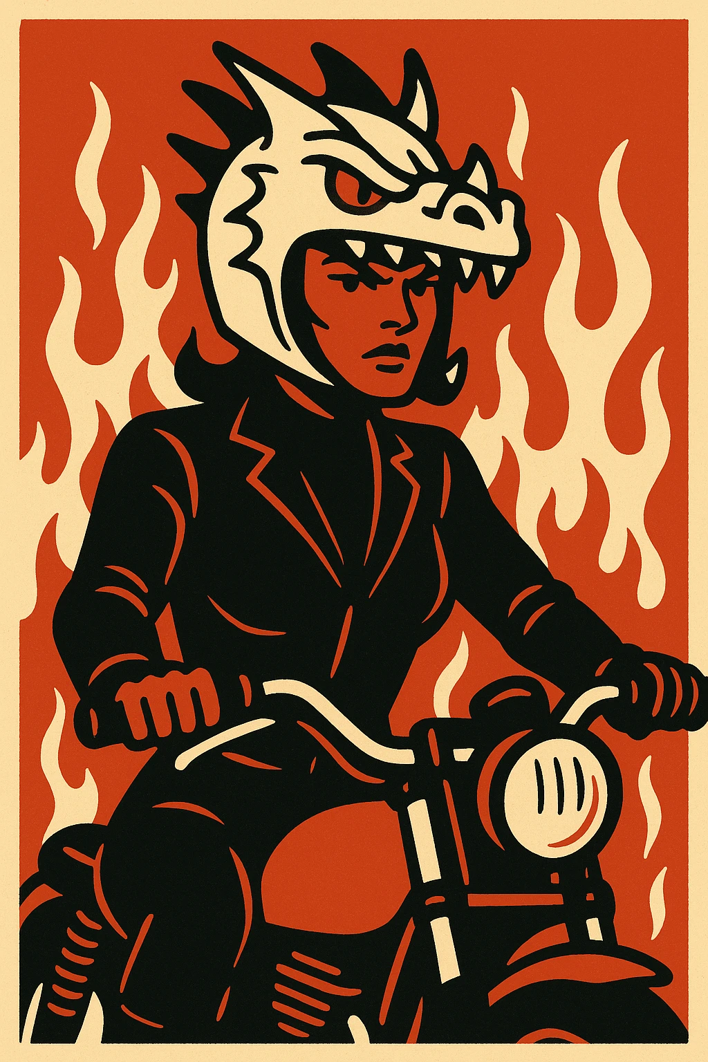 Fierce female biker, dragon helmet, black suit, red motorcycle, fire-themed background. emoji