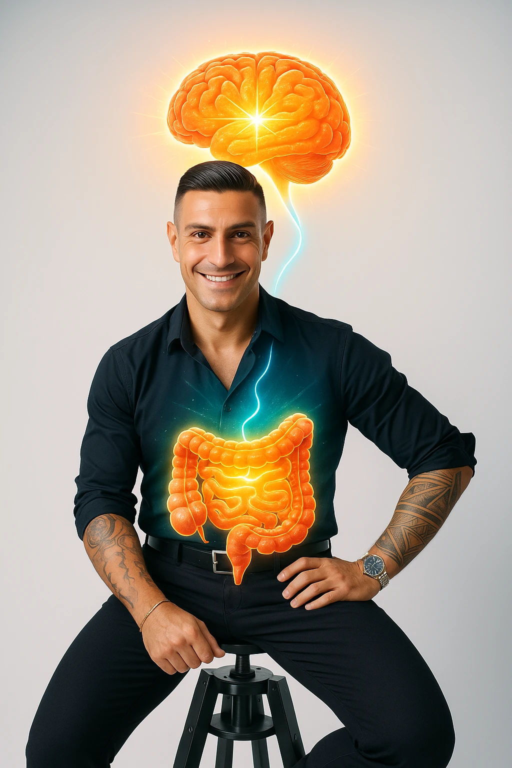 uomo con benessere alto poichè il cervello è collegato all'intestino emoji