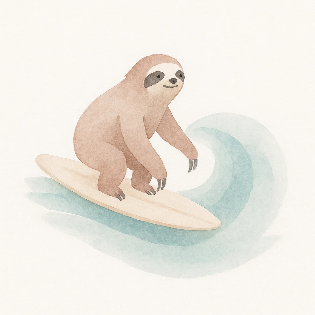 a sloth surfing, watercolor art style emoji