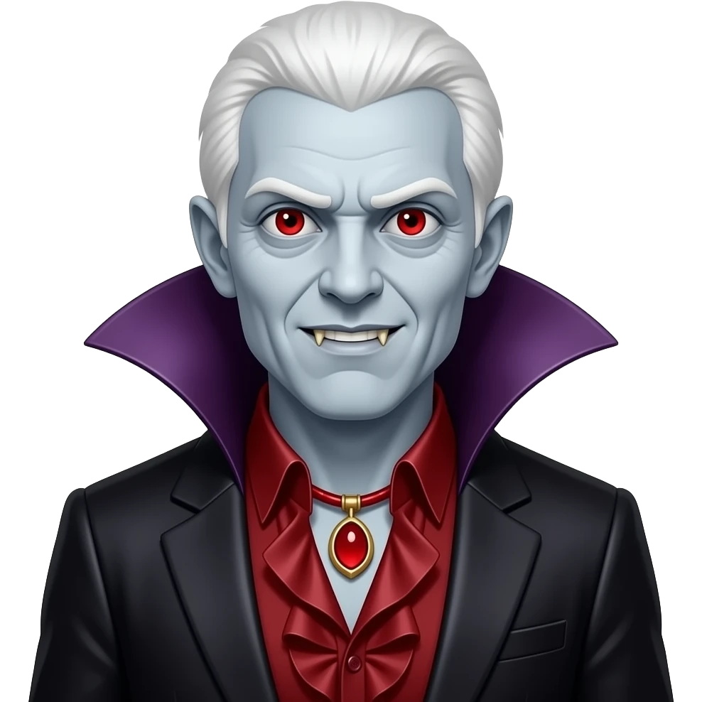 Count Dracula with pale-grey skin, red eyes, white hair, dark red metallic ruffle shirt, red necklace, dark violet metallic cape emoji