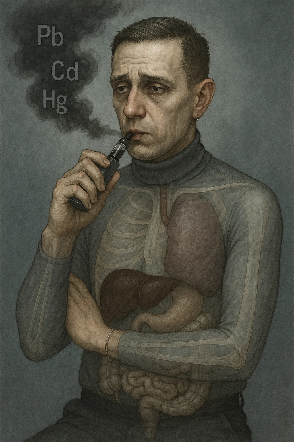 Realistic medical style illustration of a man aged 30-40 years with pale skin, dull eyes, and a tired face, inspired by the reference photo. He holds an electronic cigarette emitting dark smoke with chemical symbols Pb, Cd, Hg. His body is transparent showing dark liver and intestines. The atmosphere is gloomy with metallic colors, realistic medical style. emoji