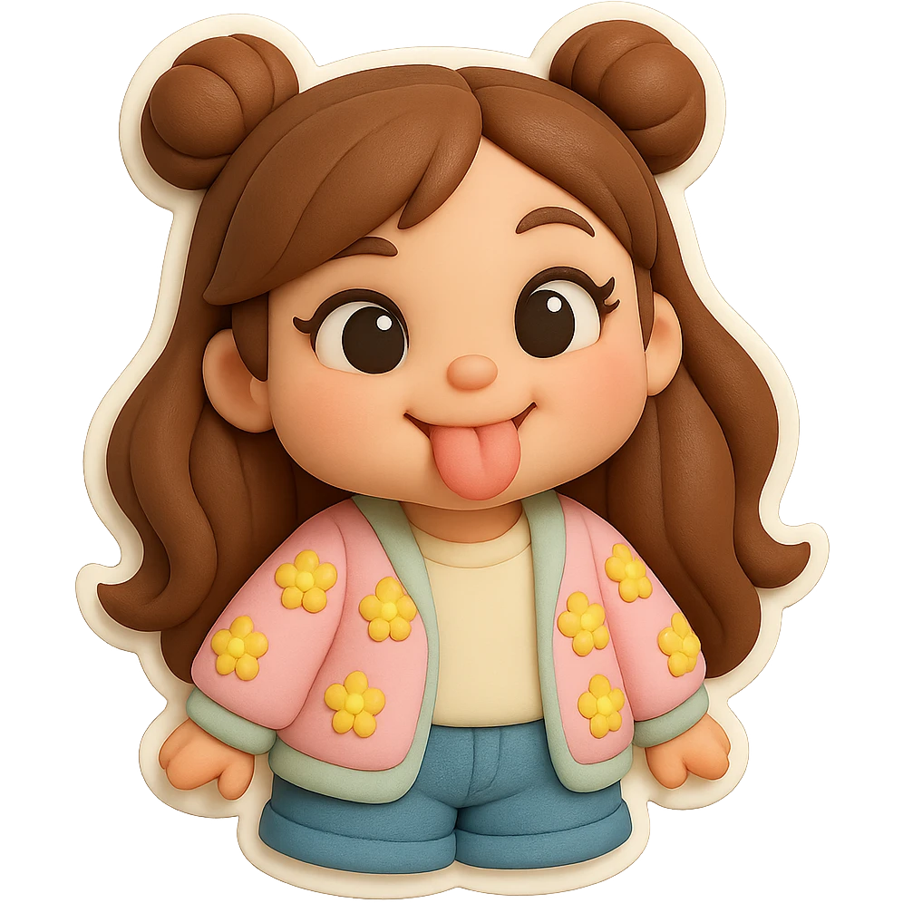 Create a 3D chibi fondant cake art style image of a girl based on the reference image. Preserve the facial features and eye shape exactly as in the reference. She has long brown hair styled in two space buns, brown eyes, and a thick white outline like a sticker. The girl is playfully sticking out her tongue with a kind, happy tease expression. She holds nothing in her hands. Use high-quality rendering with smooth shadows and soft gradients. Transparent background. emoji