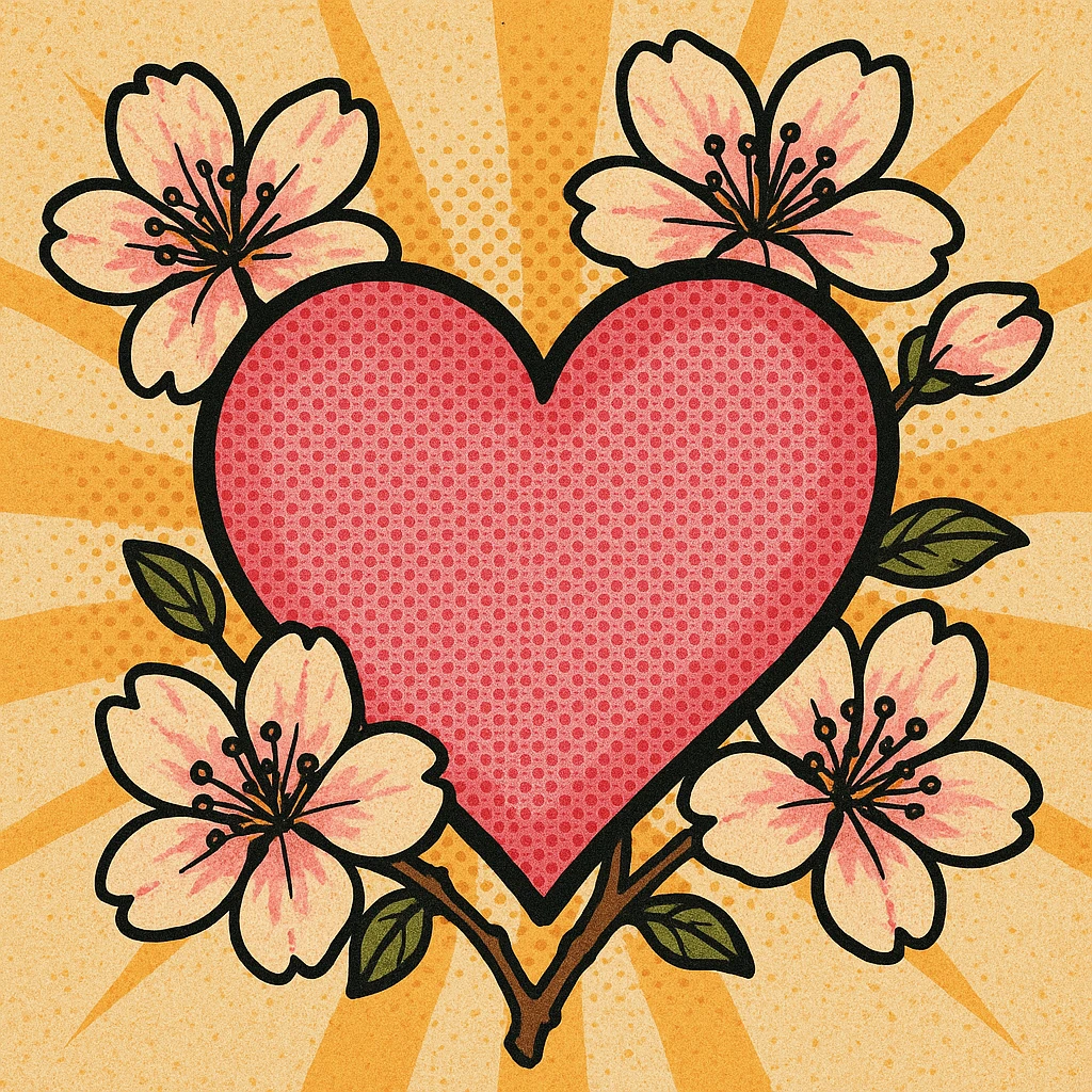 pink heart with sakura flowers, old school comic book style emoji