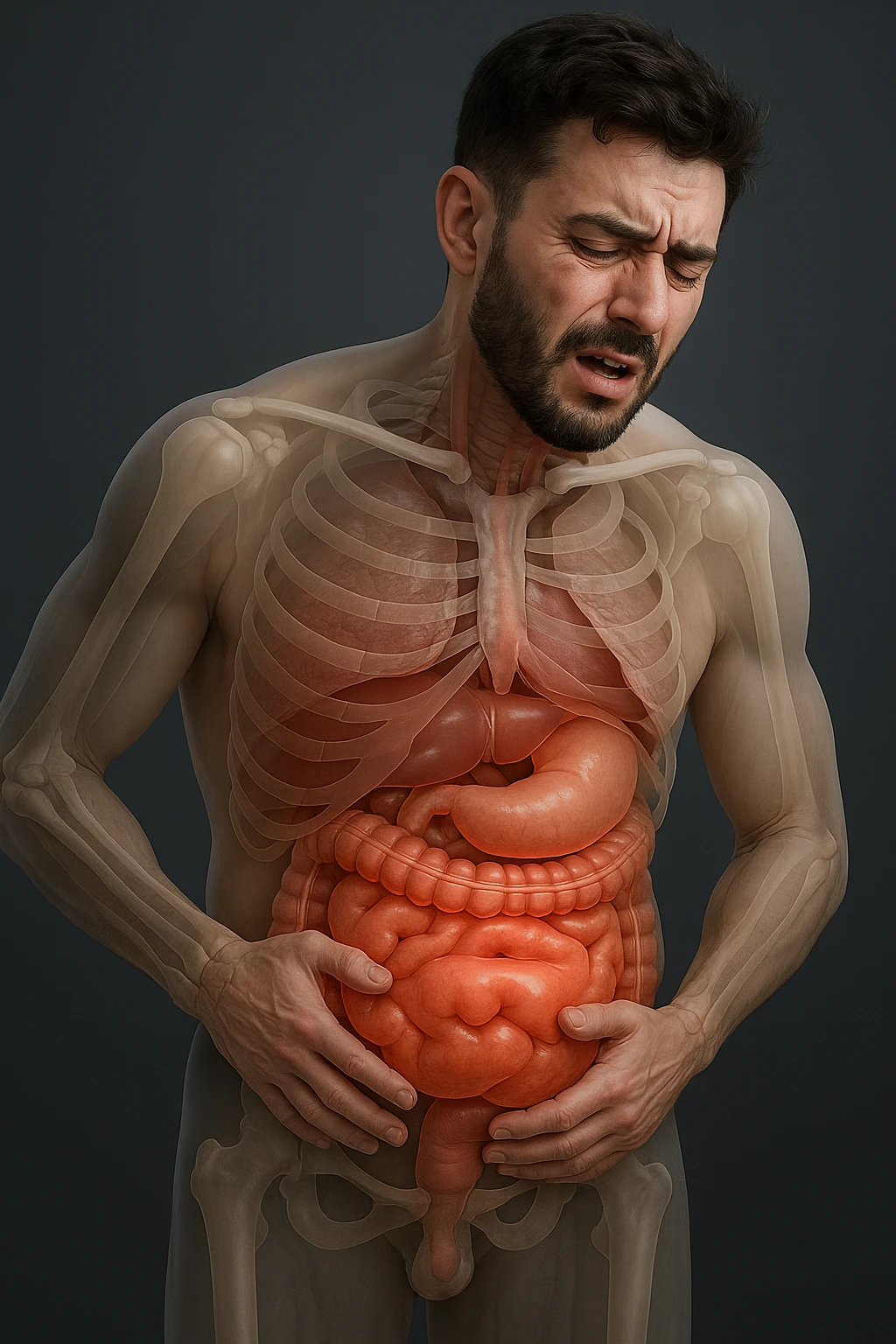 Uomo con dolore per via del suo gonfiore addominale vista anatomica immagine realistica in 3D emoji