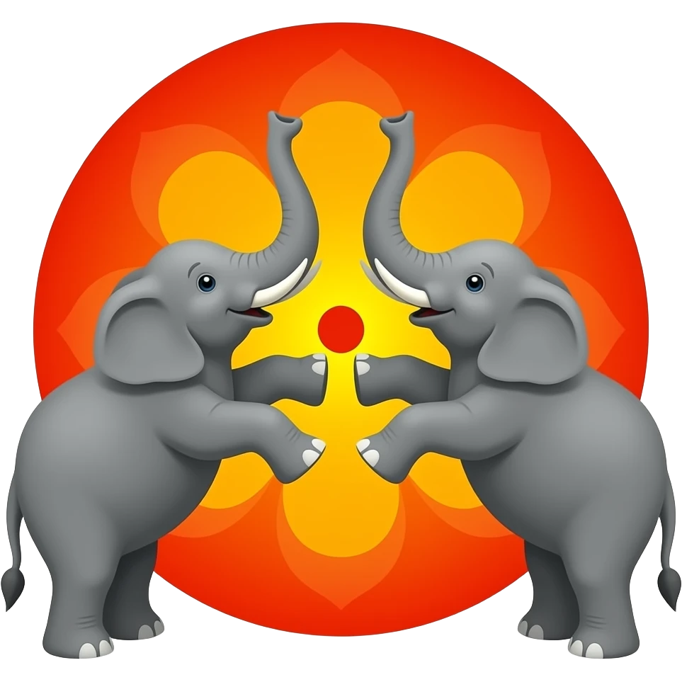 2 ELEPHENT RISING THE 2 LEG AND CENTER FLOWER IS PLACED BACKGROUND SHOULD BE FULLY COVERD BY STRIP OF RED YELLOW AND REDD emoji