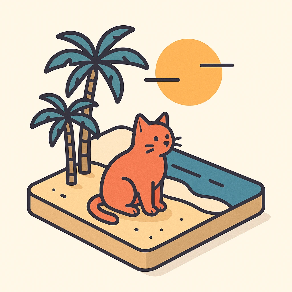 3D isometric illustration of two cats sitting on a beach at sunset with palm trees emoji