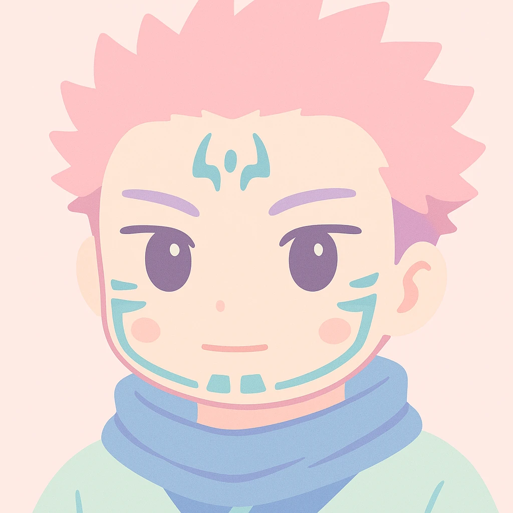 Sukuna close-up portrait, intense gaze, detailed facial tattoos, anime style emoji