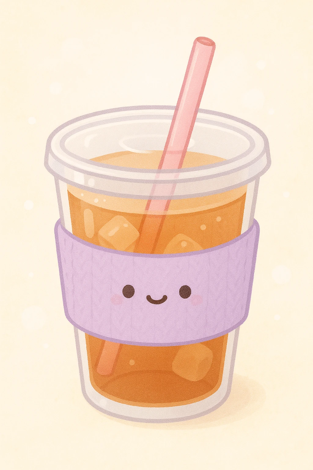 sweet tea cup with a lavender colored sleeve and a pink straw, cute and inviting emoji