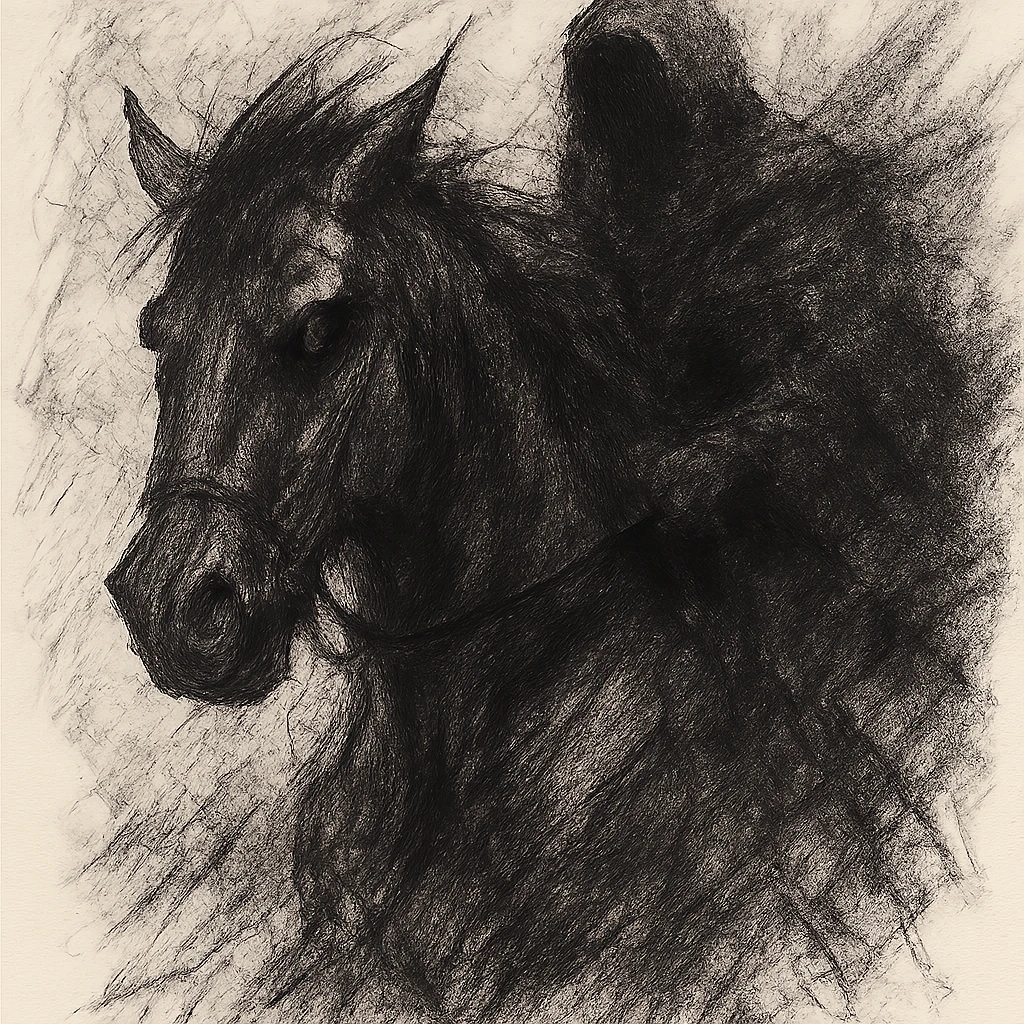 A dark, spectral horse with a shadowy rider, inspired by apocalyptic and mythic poetry, black and white sketch style, dramatic lighting, no background, ominous and atmospheric, evoking a sense of doom and supernatural power emoji