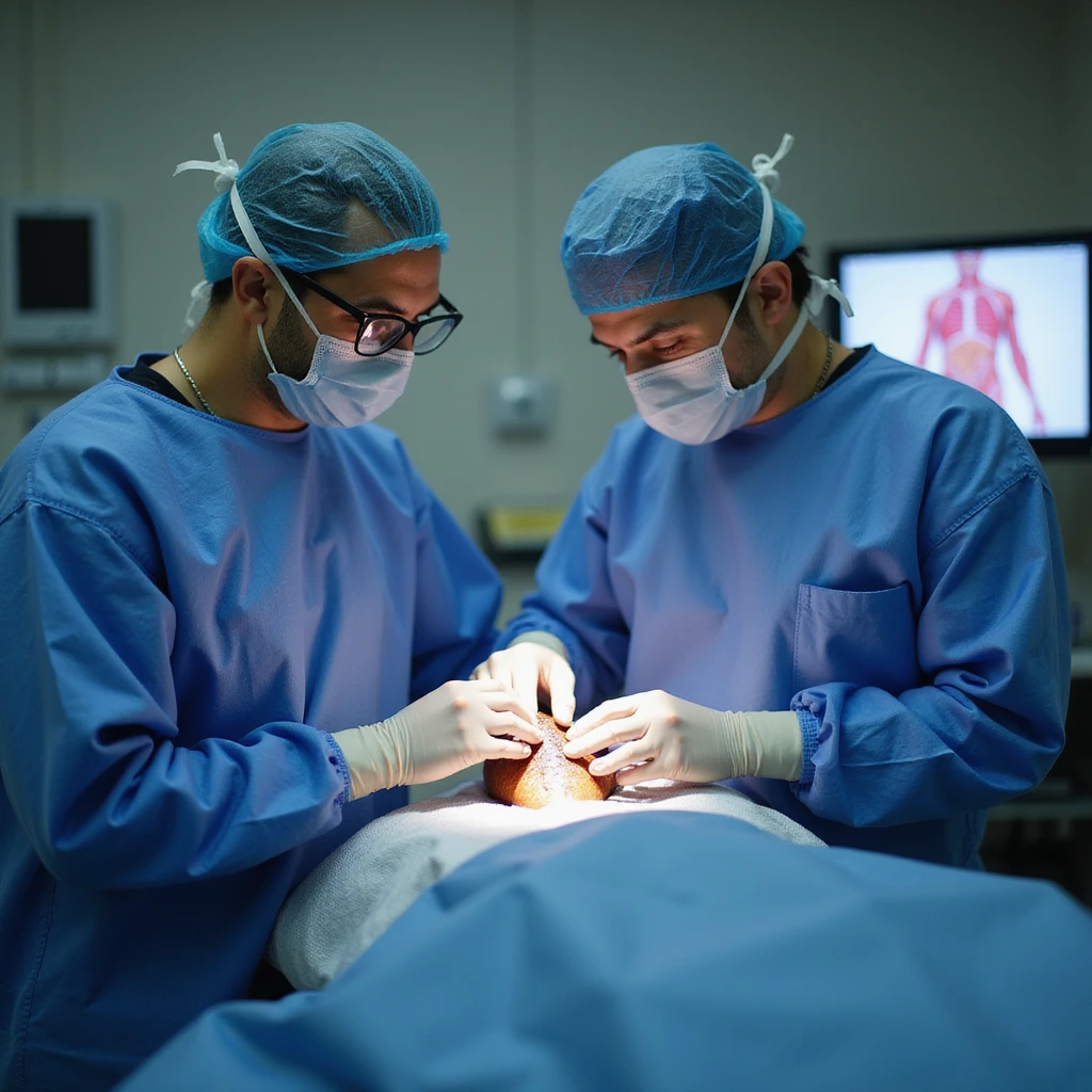 operating room: surgeon showing assistant the newly repaired ligament, patient covered with surgical drapes, monitor with anatomical images in background, 4K quality emoji