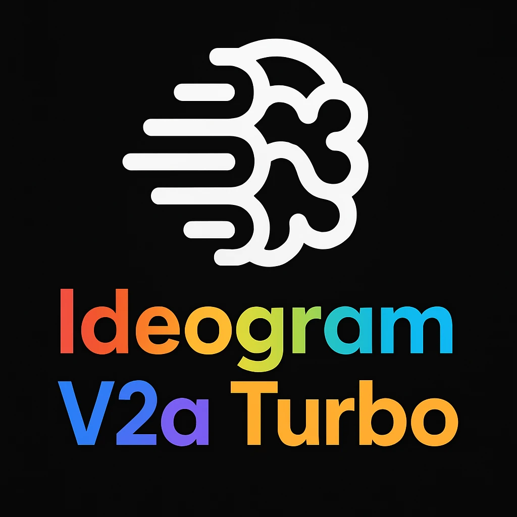 make a non gradient solid but colorful text of "Ideogram V2a Turbo", black background, add this logo too,  emoji