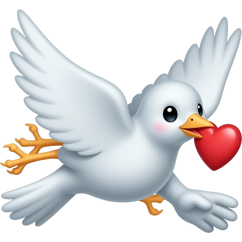 A white bird flying with have a one half piece of heart in his mouth emoji
