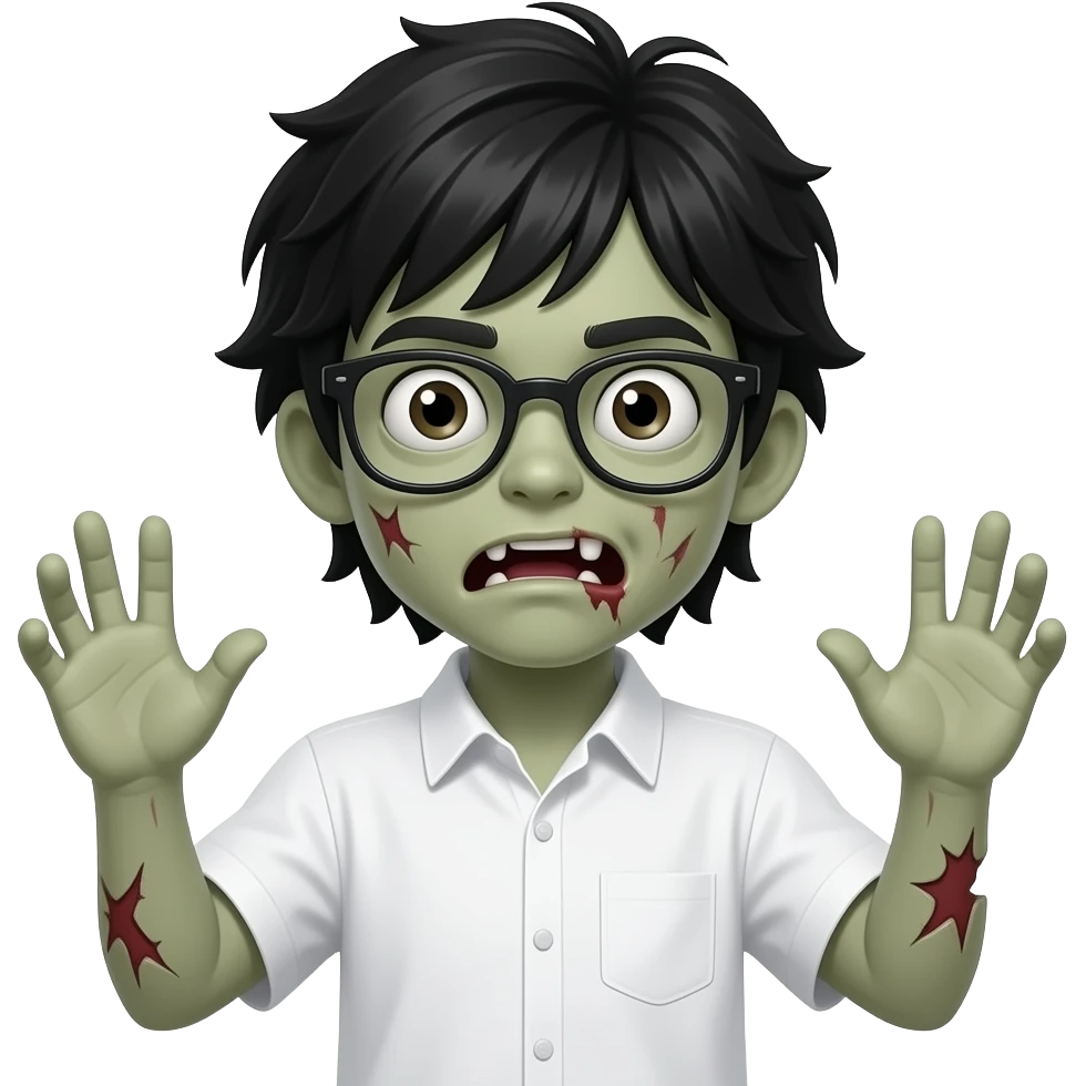 young, black medium hair, glasses, white shirt, hands up boy zombie emoji emoji